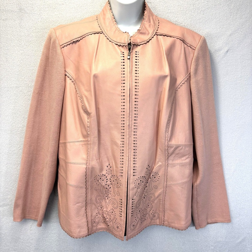Nygard Collection Leather Knit Jacket Womens 1X Pink Floral Full Zip Scalloped